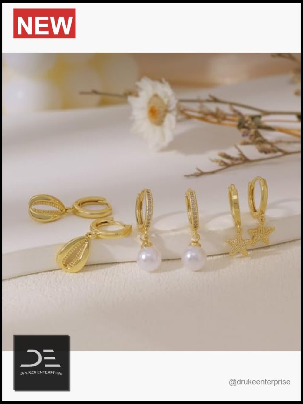 Gold Plated Dangle Earrings Pearl Shell Starfish Huggie Stack - Picture 5 of 7